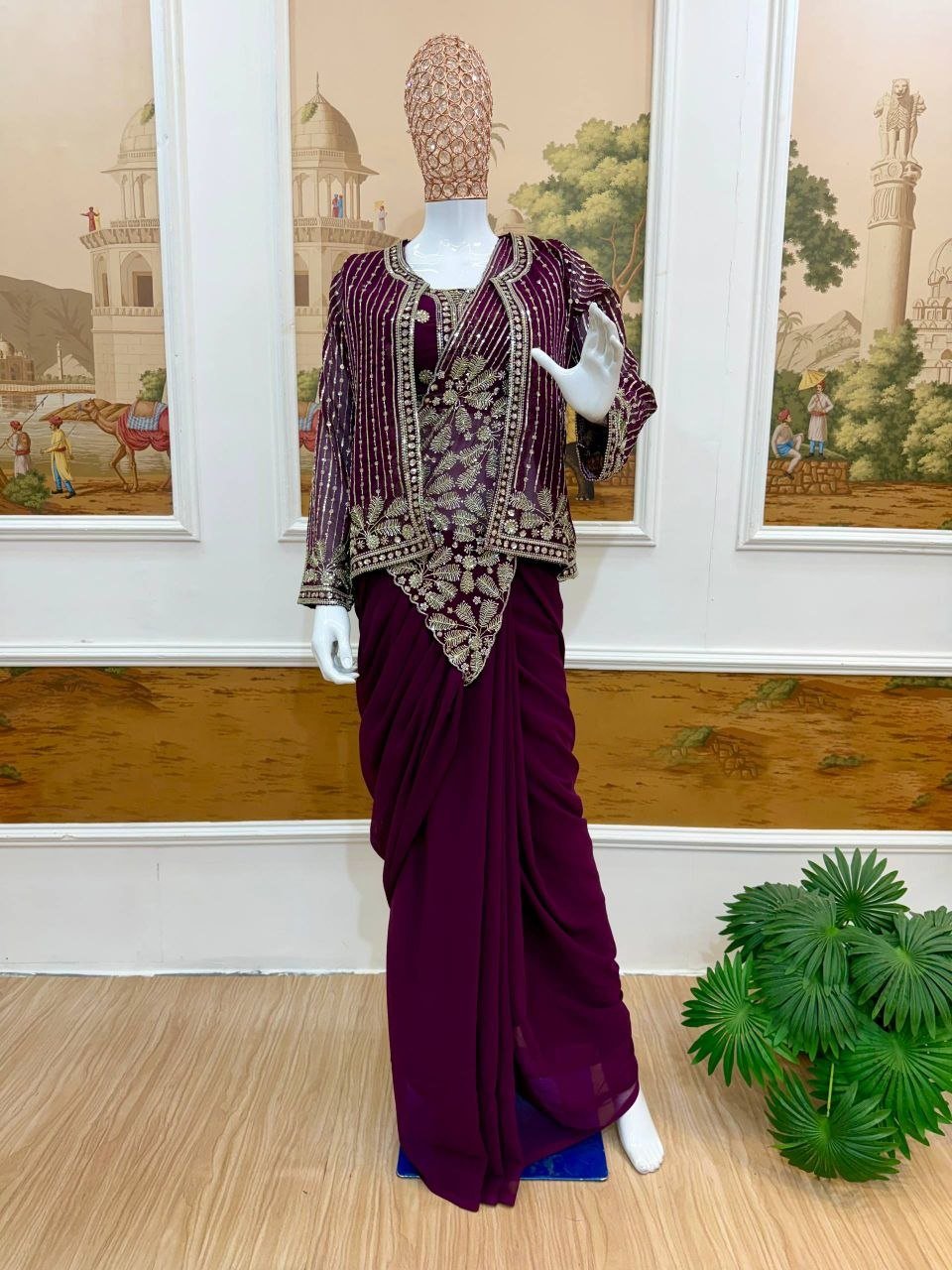 Sequined Heavy Work Jacket With Pre Stitched Draped Saree Set