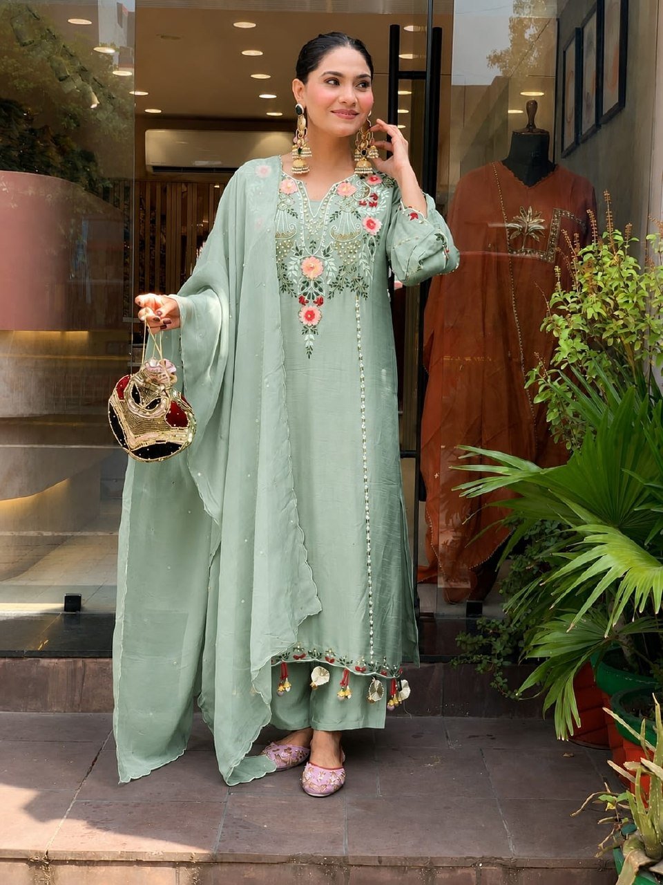 Subtle Grace Embroidered Straight Kurta Set with Tasseled Hem Dupatta