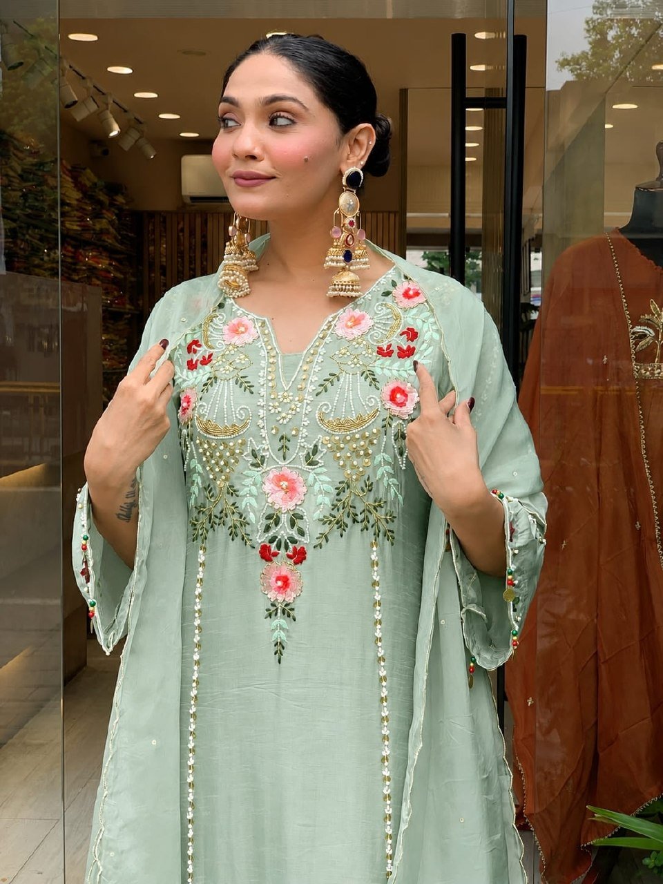 Subtle Grace Embroidered Straight Kurta Set with Tasseled Hem Dupatta
