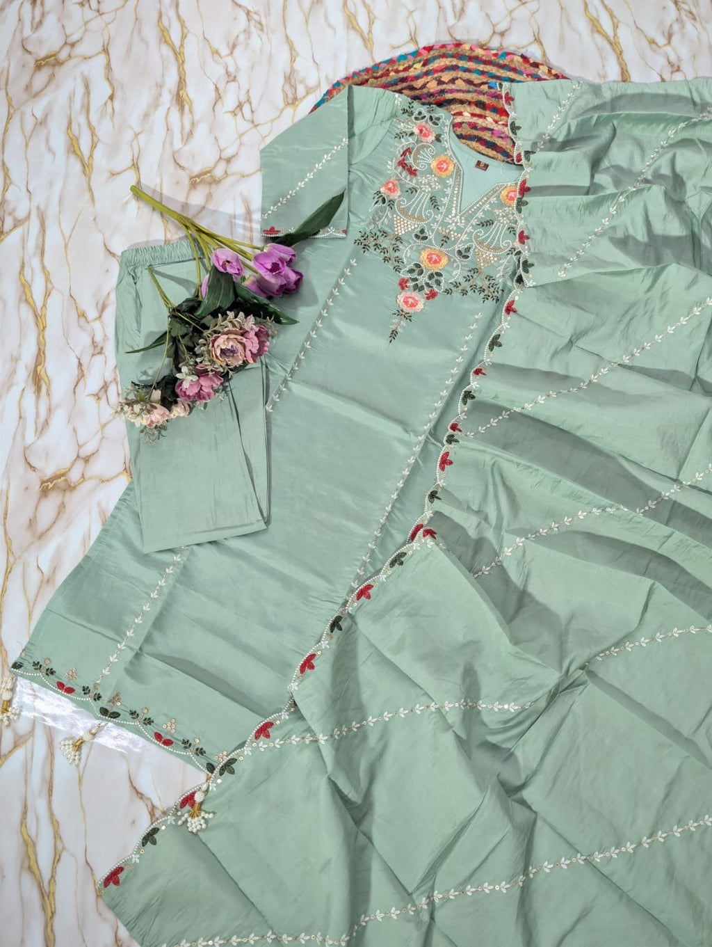 Subtle Grace Embroidered Straight Kurta Set with Tasseled Hem Dupatta