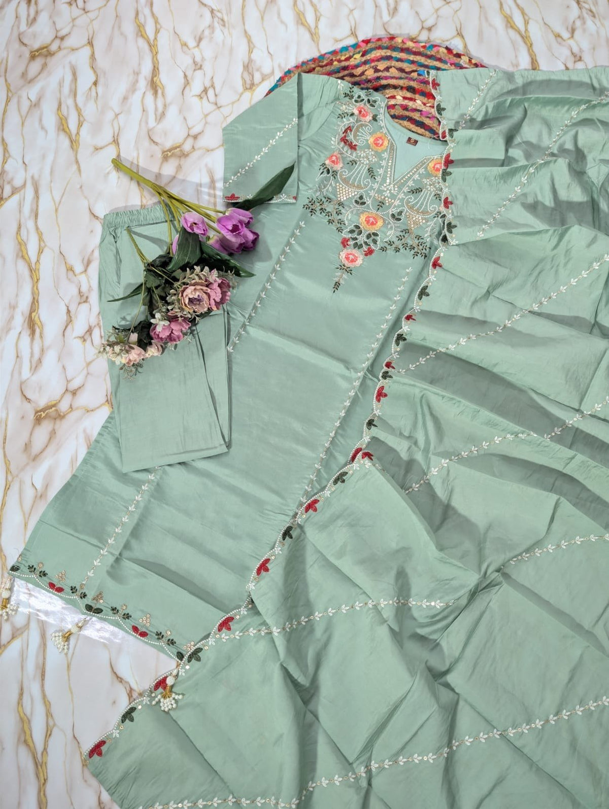 Subtle Grace Embroidered Straight Kurta Set with Tasseled Hem Dupatta
