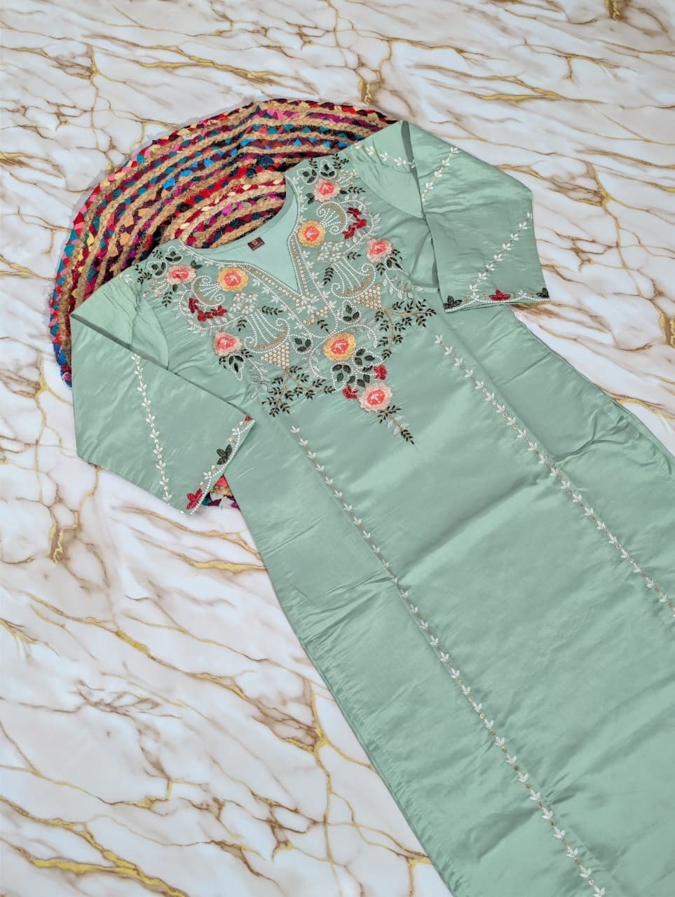 Subtle Grace Embroidered Straight Kurta Set with Tasseled Hem Dupatta