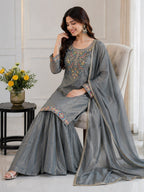 Artisanal Threadwork Embroidered Straight Kurta Sharara Set with Sheer Dupatta