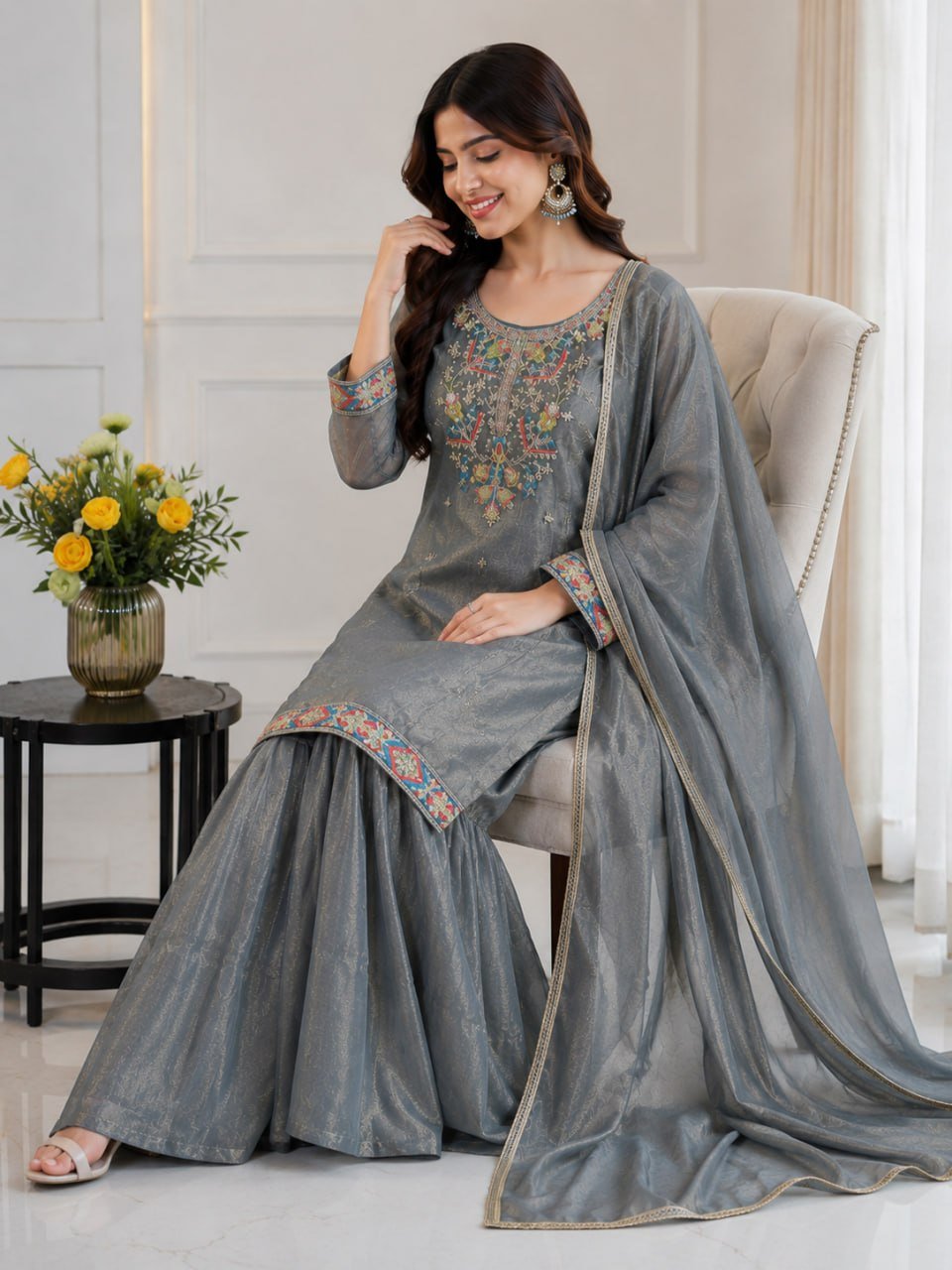 Artisanal Threadwork Embroidered Straight Kurta Sharara Set with Sheer Dupatta