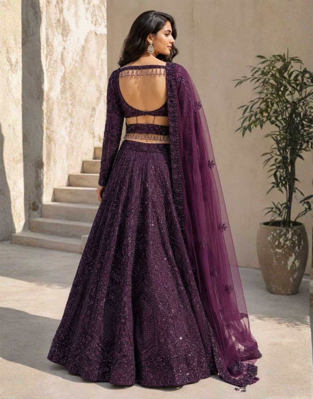 Thread Embroidered Georgette Lehenga Set with Tasseled Blouse