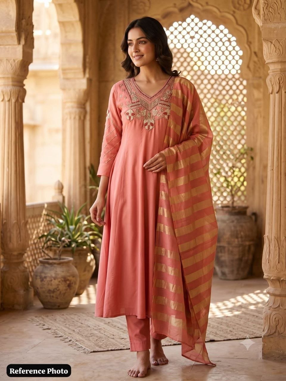 Embroidered Anarkali Kurta Set with Zari Striped Dupatta