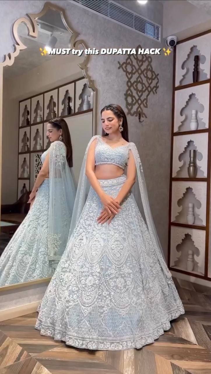 Chikankari Sequined Lehenga Set with Attached Cape Dupatta
