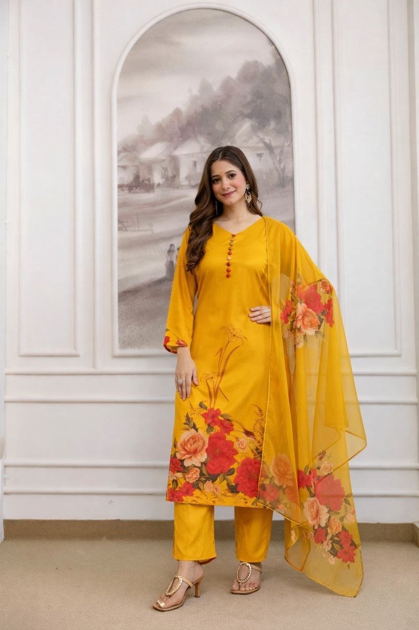 Garden Floral Romance Printed Kurta Set with Ethereal Dupatta