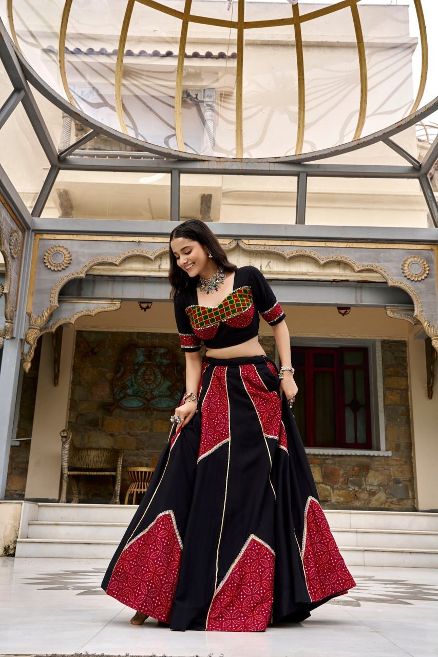 Printed Patchwork Flared Lehenga Choli Set With Pleated Hem
