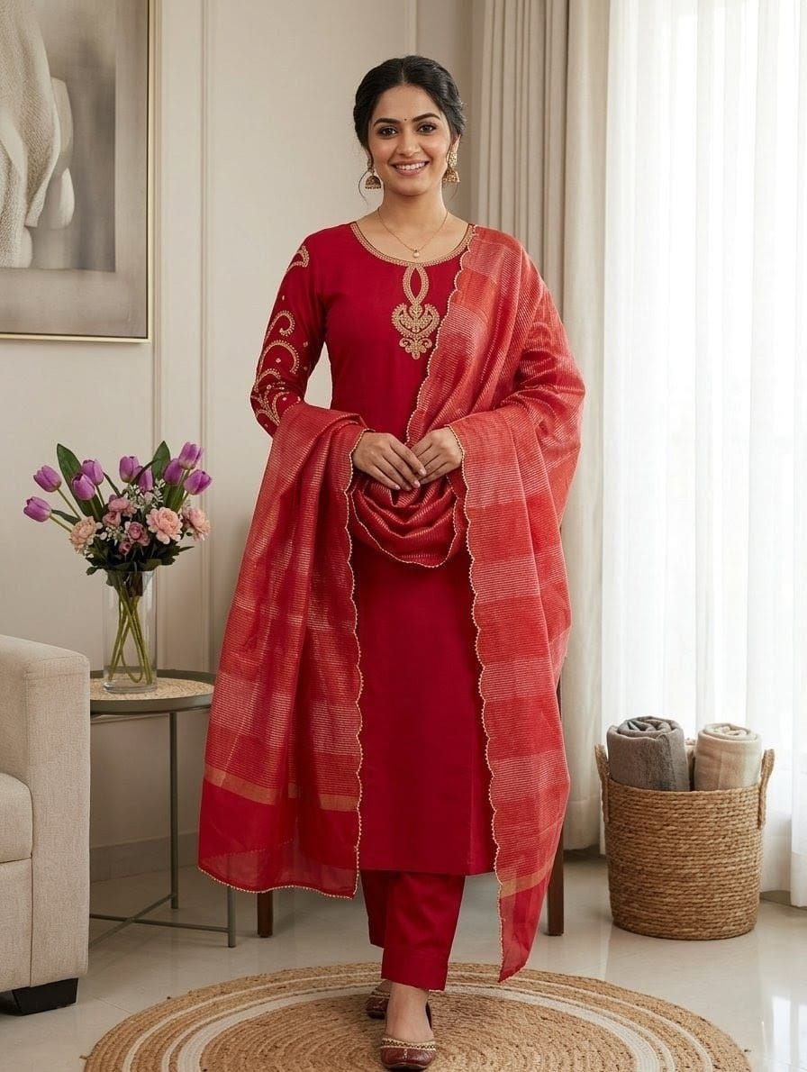 Embroidered Neckline Straight Kurta Set With Organza Dupatta