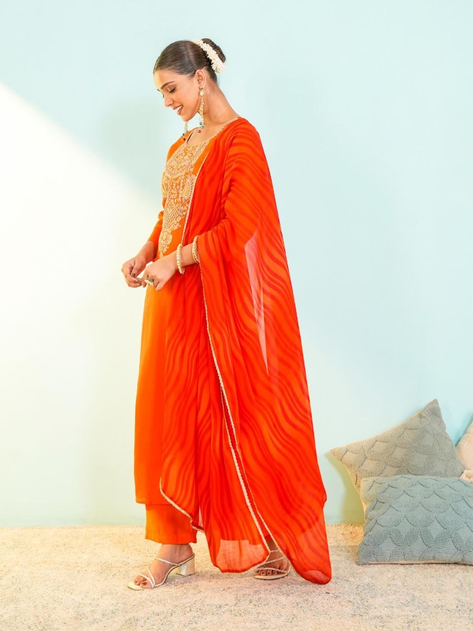 Festive Embroidered Anarkali Suit with Striped Dupatta