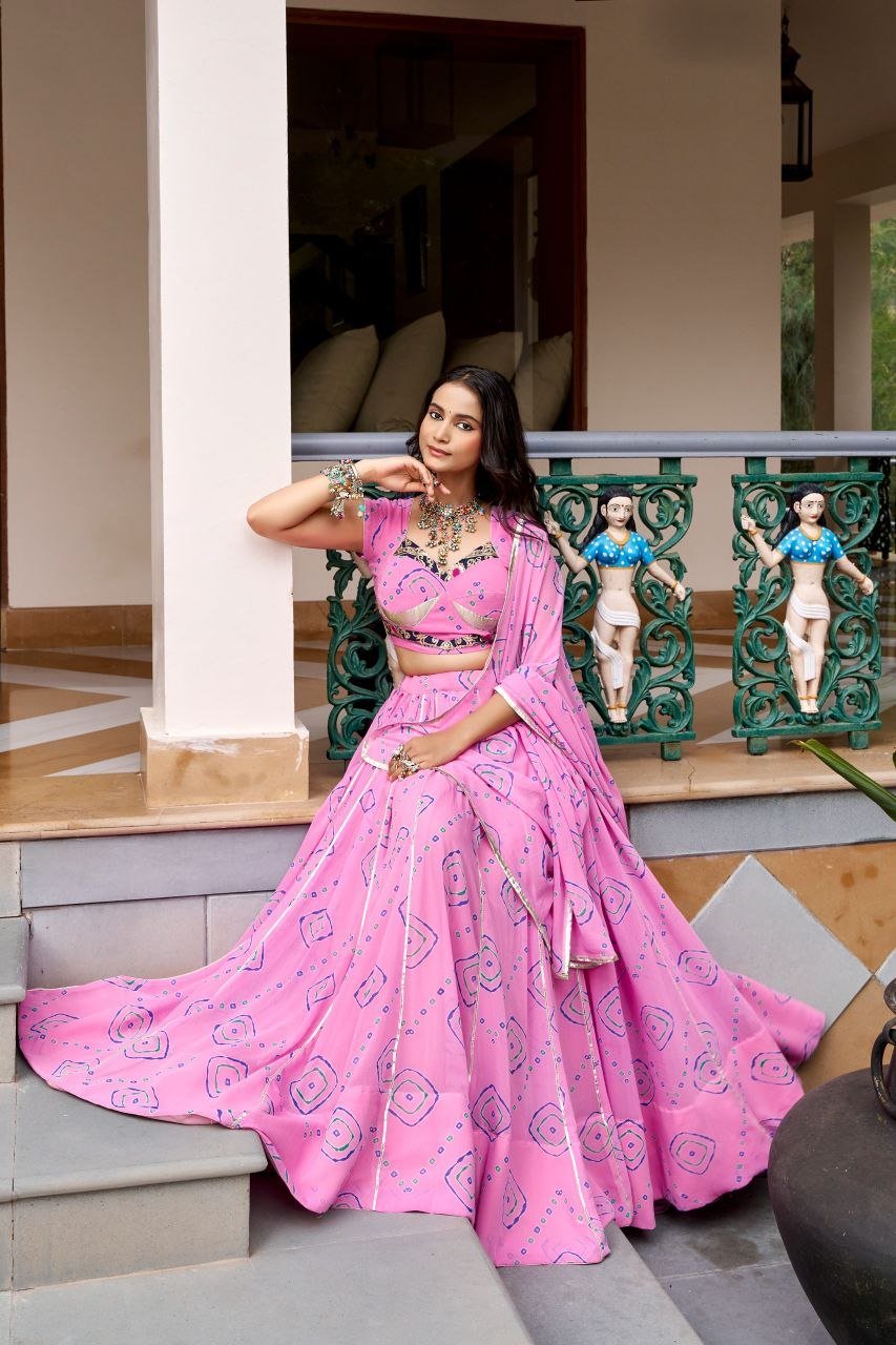 Bandhani Printed Flared Lehenga Choli Set With Gota Patti Accents