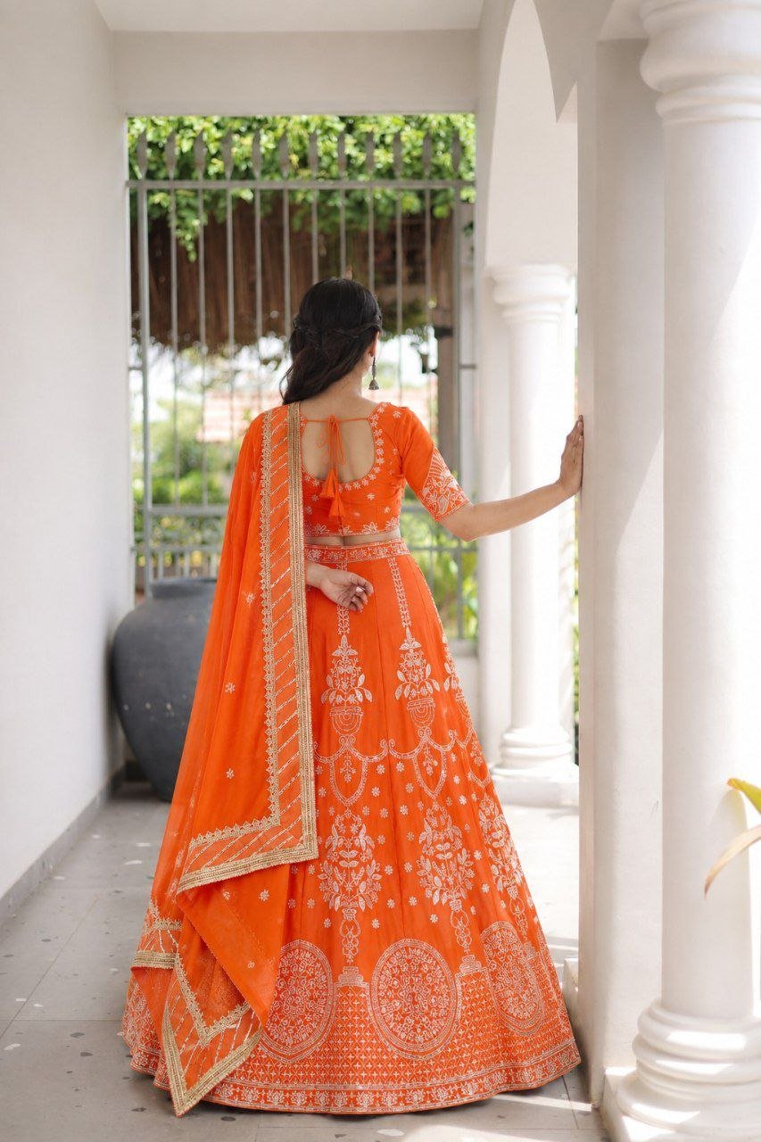 Traditional Thread Embroidered Silk Lehenga Set with Ornate Border