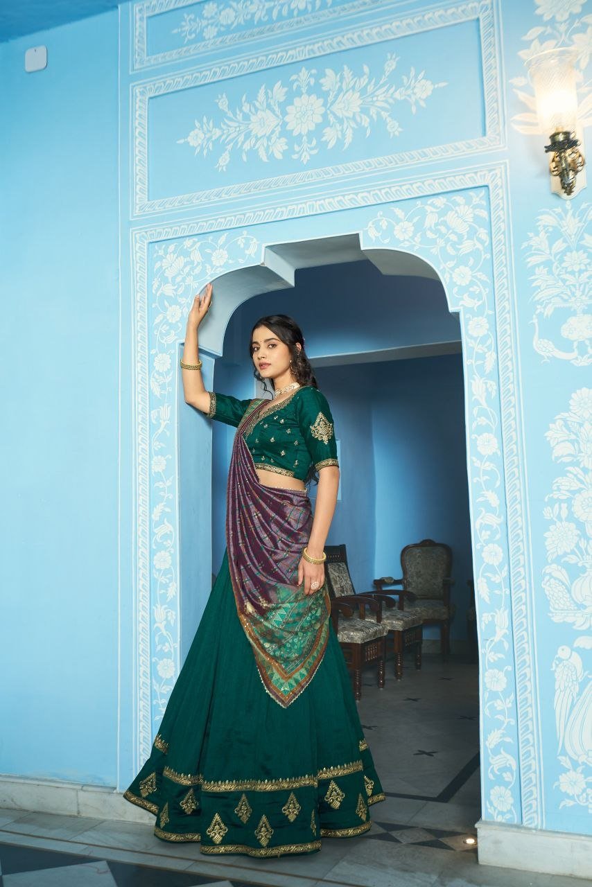 Embroidered Flared Silk Lehenga Set with Printed Dupatta - Surat Wholesale Ethnic Wear (Photo 2)
