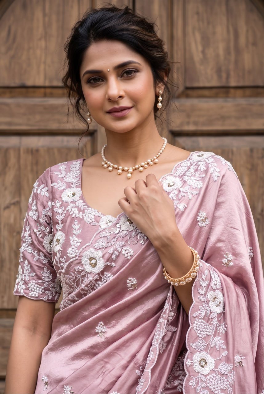 Opulent Luxury Floral Embroidered Saree with Intricate Scalloped Border Detailing - Surat Wholesale Ethnic Wear (Photo 2)