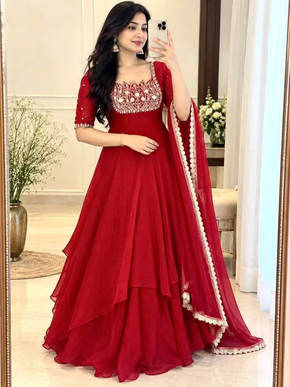 Cocktail Party Polish Layered Anarkali Gown with Embellished Neckline Dupatta - Surat Wholesale Ethnic Wear (Photo 2)