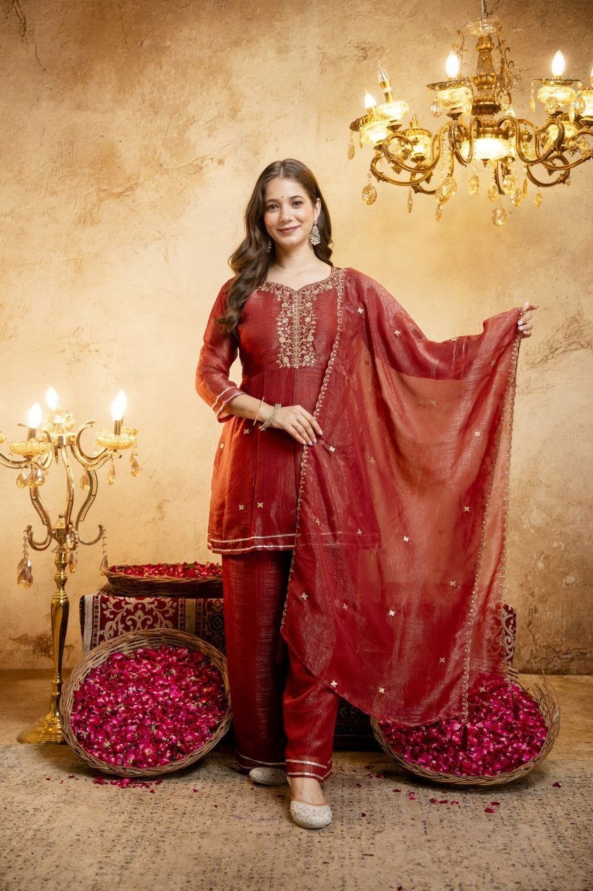 Embroidered Chanderi Kurta Set with Gota Patti Dupatta