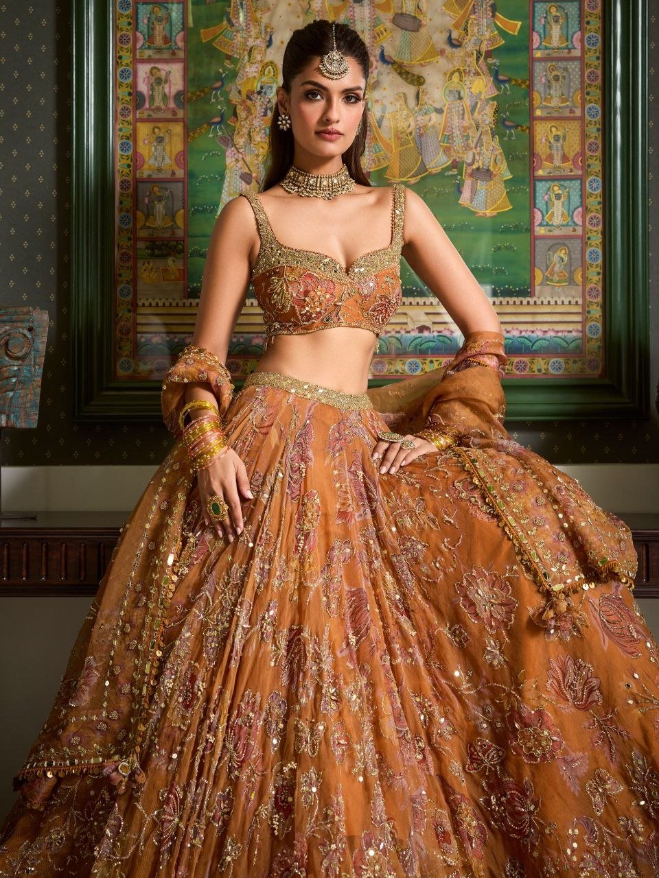 Organza Printed Lehenga Set with Intricate Sequined Threadwork