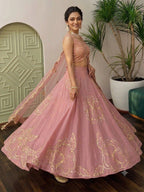 Gold Thread Embroidered Floral Lehenga Set with Scalloped Dupatta