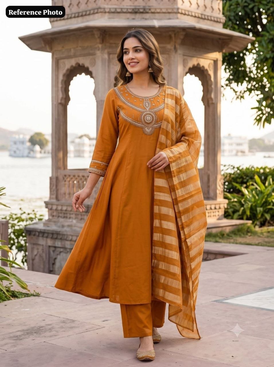 Hand-Embellished Anarkali Suit Set with Striped Dupatta