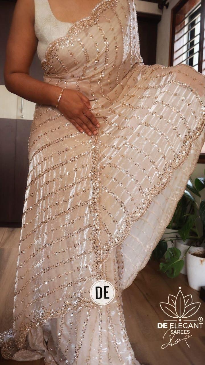 Glistening Sequin Draped Saree with Scalloped Border Detailing
