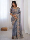 Exquisite Floral Embroidered Draped Saree with Regal Charm