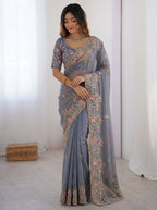 Exquisite Floral Embroidered Draped Saree with Regal Charm
