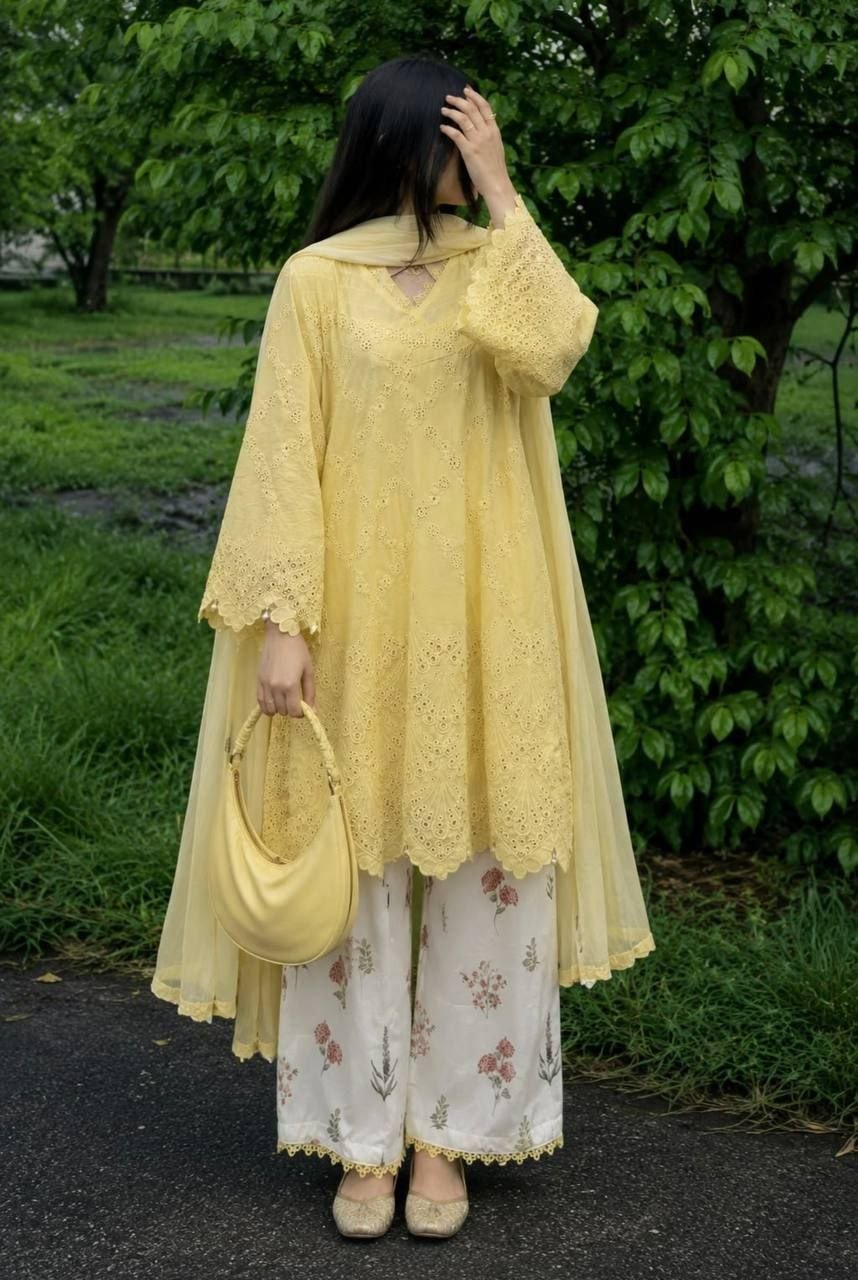 Sunlit & Vibrant Chikankari Cutwork Kurta with Printed Bottom