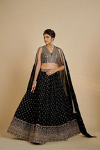 Zardosi Embroidered Velvet Lehenga Set with Attached Cape - Surat Wholesale Ethnic Wear (Photo 2)