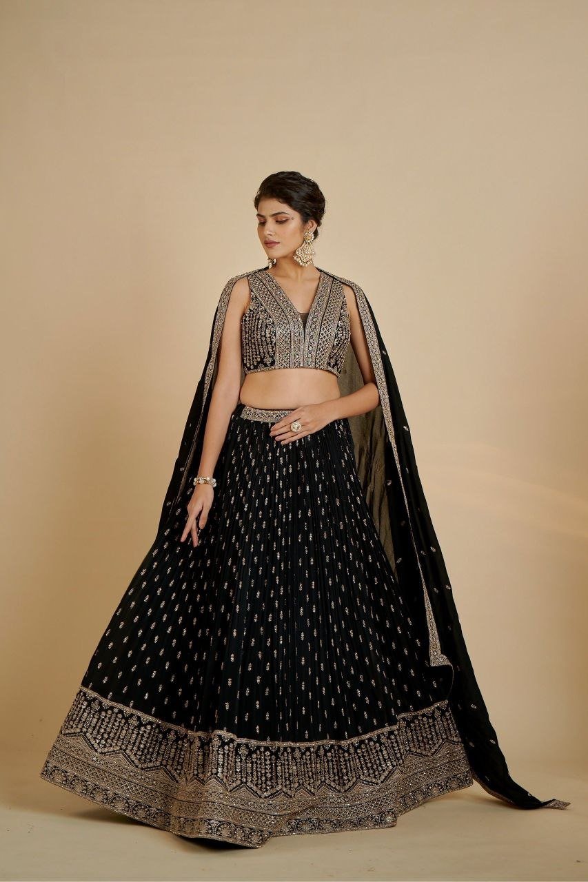 Zardosi Embroidered Velvet Lehenga Set with Attached Cape - Surat Wholesale Ethnic Wear (Photo 2)
