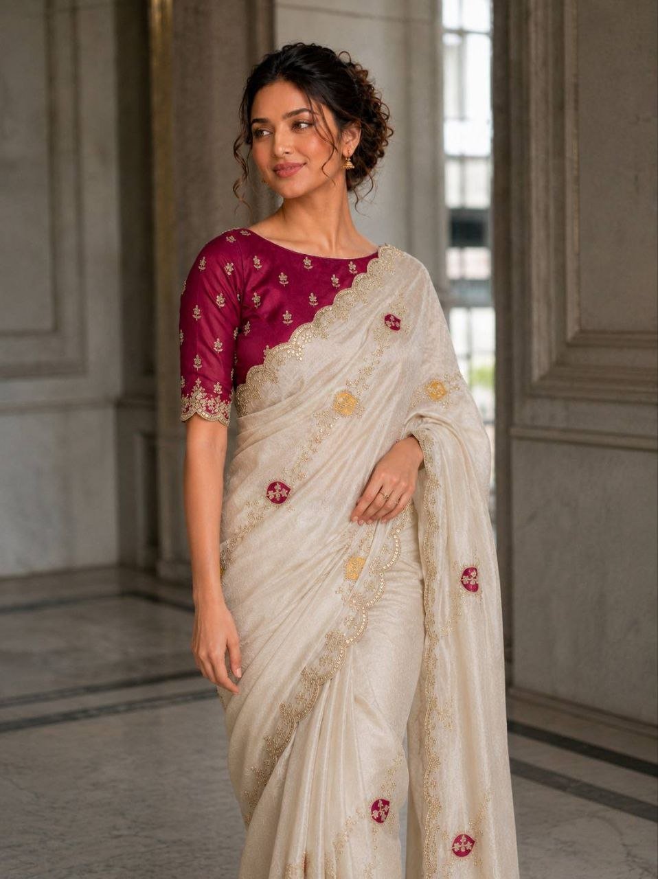 Scalloped Embroidered Tissue Silk Saree with Contrasting Blouse Unveiling Timeless Splendor