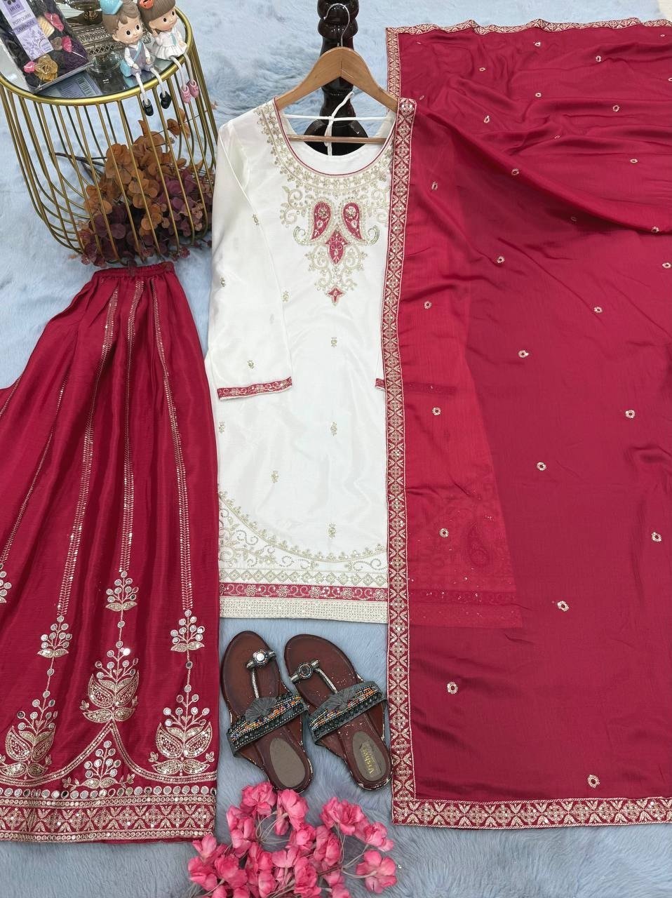 Intricate Embroidered Silk Straight Kurta and Palazzo Set with Heavy Dupatta