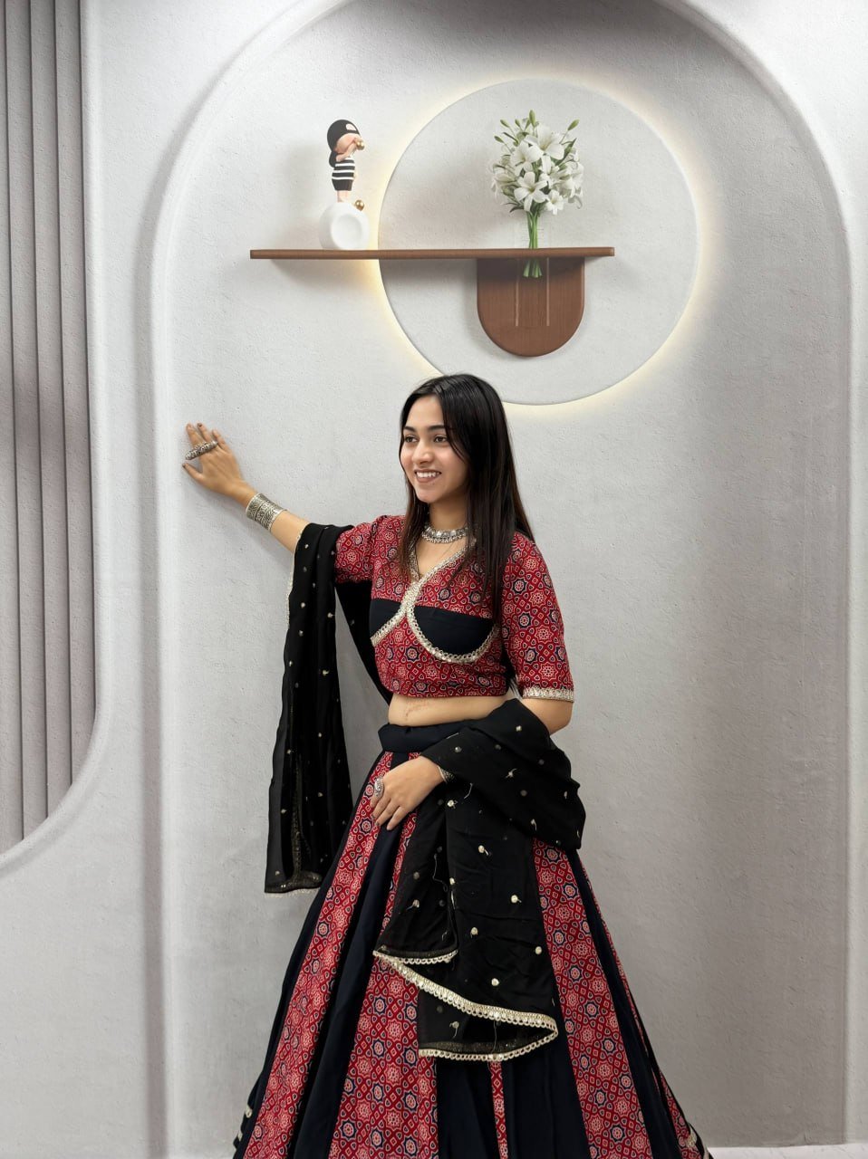 Printed Panel Flared Lehenga Choli with Lace Border Dupatta