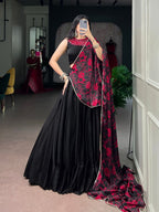 Embellished Neckline Silk Flared Lehenga Set with Floral Printed Dupatta