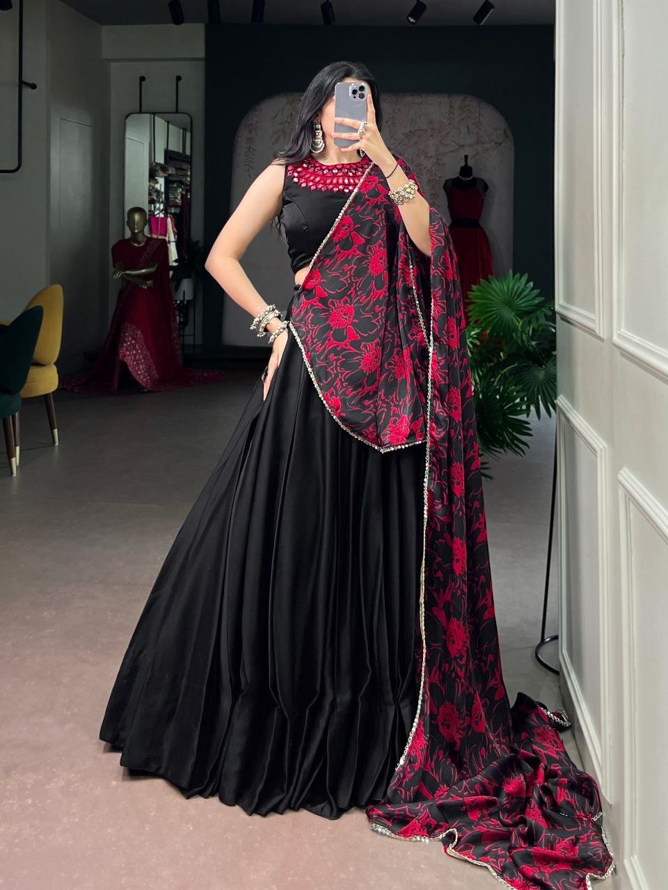 Embellished Neckline Silk Flared Lehenga Set with Floral Printed Dupatta