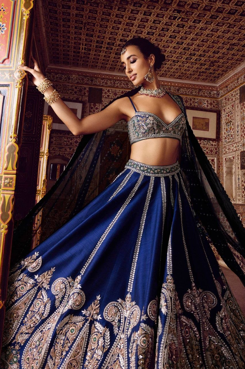 Paisley Motif Embellished Silk Lehenga Set with Draped Jacket Cape