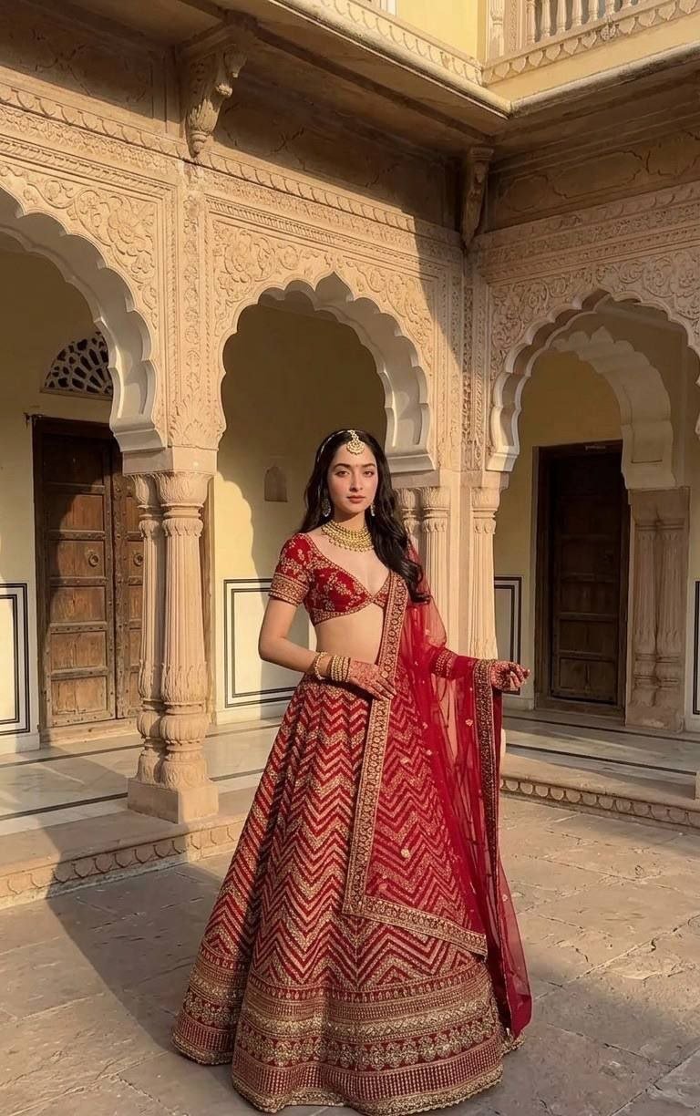 Chevron Embroidered Heavy Bridal Velvet Lehenga Set with Blouse
