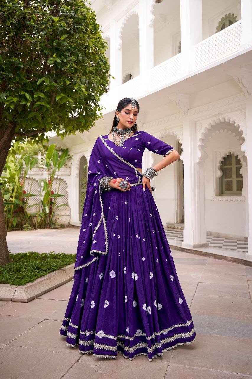 Traditional Bandhani Print Flared Lehenga Choli with Lace Border Dupatta