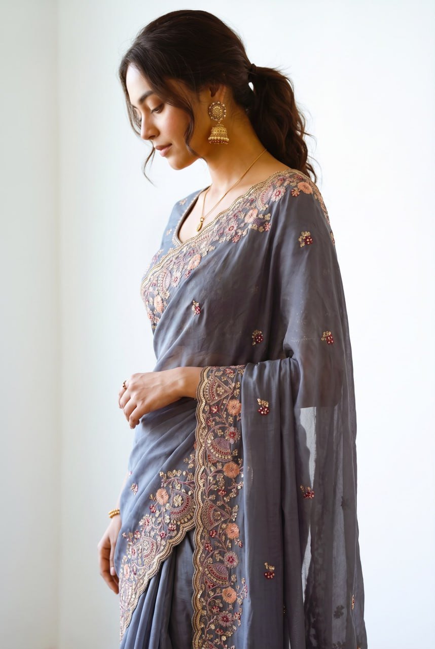 Artisanal Floral Embroidery Ensemble with Regal Heritage Detailing