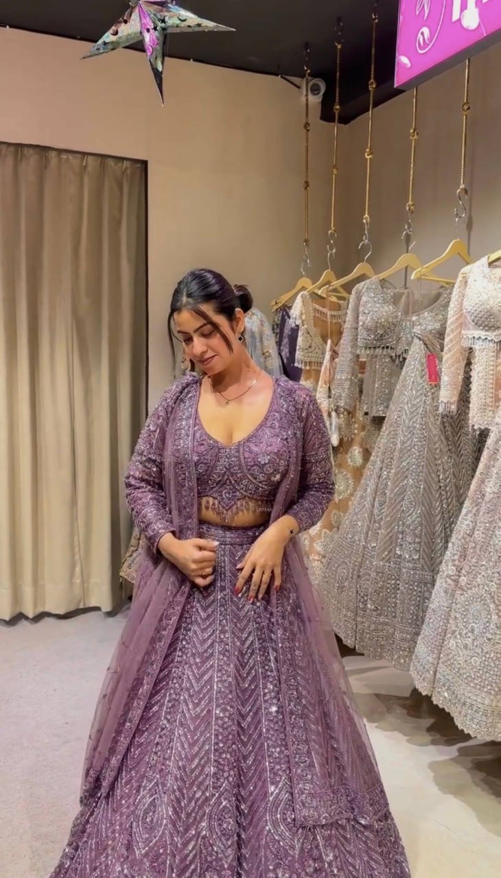 Sequined Chevron Patterned Lehenga Set with Long Net Shrug