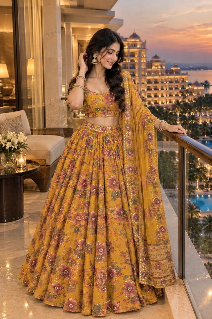 Floral Print Georgette Lehenga Set with Mirror Work Dupatta - Surat Wholesale Ethnic Wear (Photo 2)