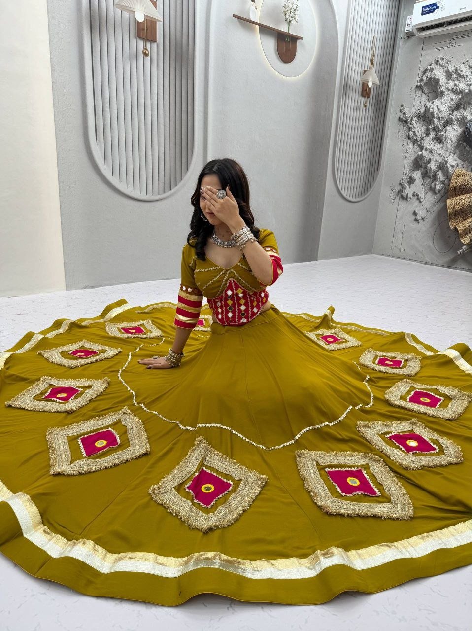 Mirror Work Patchwork Flare Flared Lehenga Choli with Embroidered Blouse