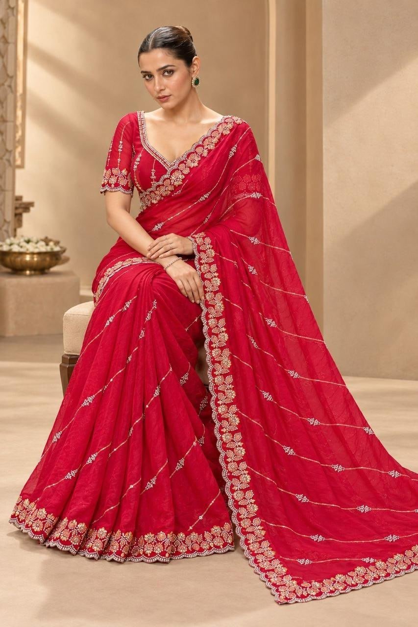 Timeless Splendor Embroidered Saree with Intricate Floral Zari Border Detailing - Surat Wholesale Ethnic Wear (Photo 2)