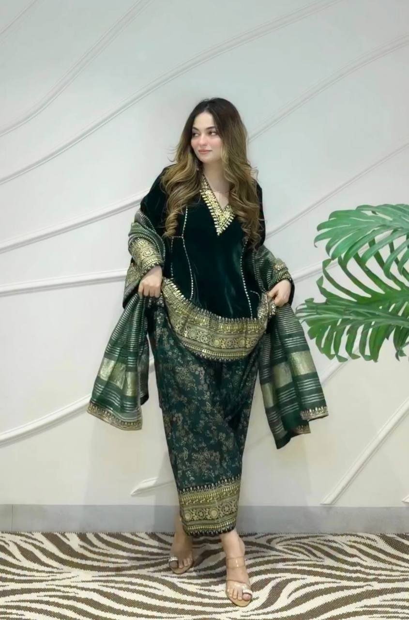 Velvet Heavily Embroidered Kurta With Salwar And Dupatta Set - Surat Wholesale Ethnic Wear (Photo 2)