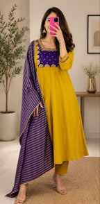 Embroidered Peacock Motif Anarkali Suit with Mirror Work Dupatta