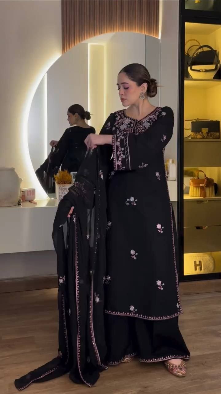 Midnight Radiance Embroidered Straight Kurta with Palazzo and Dupatta