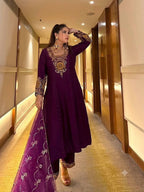 Embroidered Anarkali Suit Set With Matching Organza Dupatta