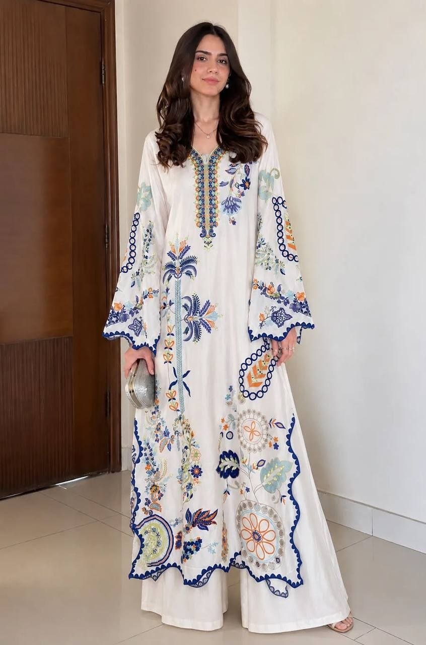 Boho Ethnic Fusion Floral Embroidered Scalloped Kaftan Kurti