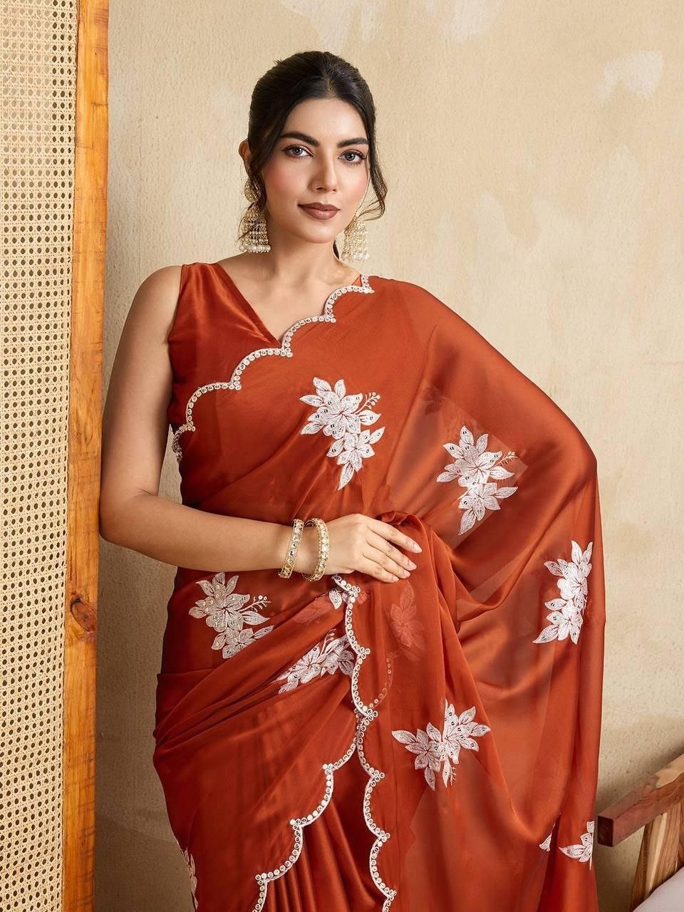 Garden Floral Romance Embroidered Saree with Scalloped Border