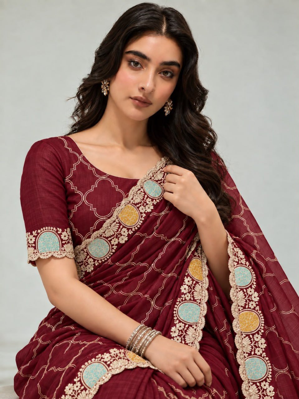 Royal Heritage Geometric Embroidered Saree with Multicolour Zari Border and Intricate Designer Blouse